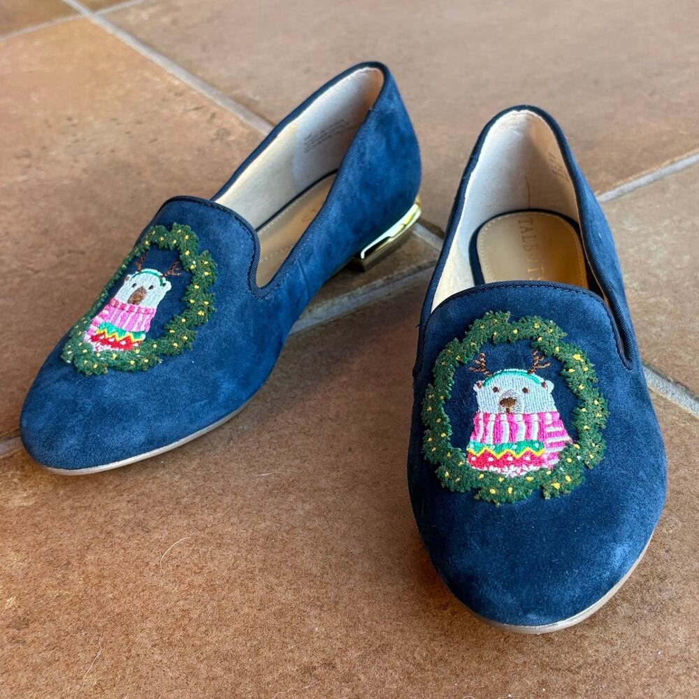 Talbots Blue Suede Holiday Loafers w Cute Bear in Antlers and Gold Heels size 5